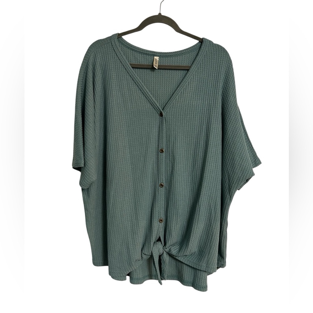 ‘Robin Egg Blue’ Waffle Knit Texture Dolman Sleeve Oversized Blouse